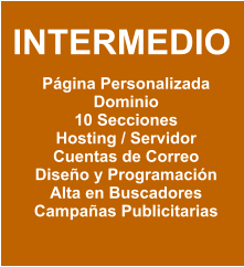 INTERMEDIO  Página Personalizada Dominio 10 Secciones Hosting / Servidor Cuentas de Correo Diseño y Programación Alta en Buscadores Campañas Publicitarias