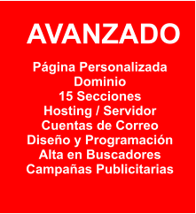 AVANZADO  Página Personalizada Dominio 15 Secciones Hosting / Servidor Cuentas de Correo Diseño y Programación Alta en Buscadores Campañas Publicitarias