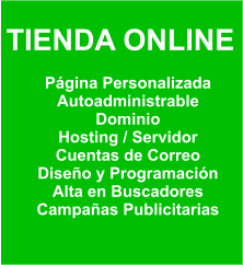 TIENDA ONLINE  Página Personalizada Autoadministrable Dominio Hosting / Servidor Cuentas de Correo Diseño y Programación Alta en Buscadores Campañas Publicitarias