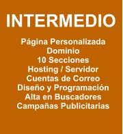 INTERMEDIO  Página Personalizada Dominio 10 Secciones Hosting / Servidor Cuentas de Correo Diseño y Programación Alta en Buscadores Campañas Publicitarias