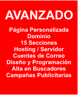 AVANZADO  Página Personalizada Dominio 15 Secciones Hosting / Servidor Cuentas de Correo Diseño y Programación Alta en Buscadores Campañas Publicitarias